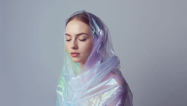 Model wearing iridescent wrap and tilting head with closed eyes, serene pastel portrait