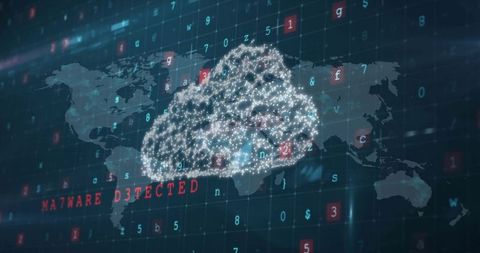 Glowing cloud network showing malware detected over global cybersecurity dashboard