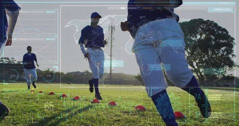 Women Baseball Players Training with Digital Data Overlay