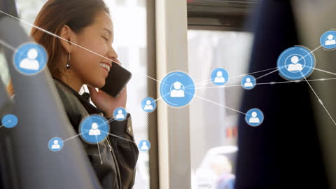 Asian Businesswoman Networking Over Phone with Digital Overlay