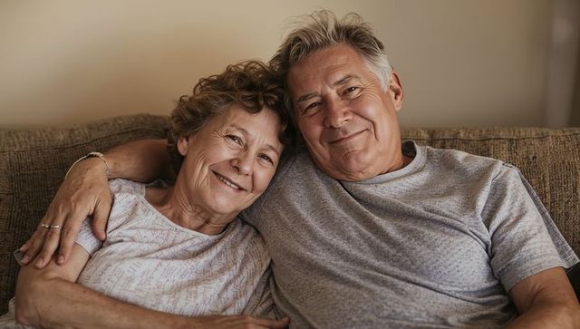 Senior couple cuddling on sofa, smiling and relaxed, cozy home companionship and affection
