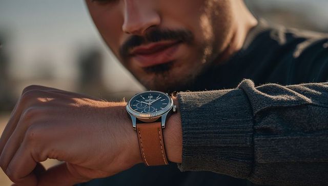 Man checking luxury chronograph watch with brown leather strap during golden hour