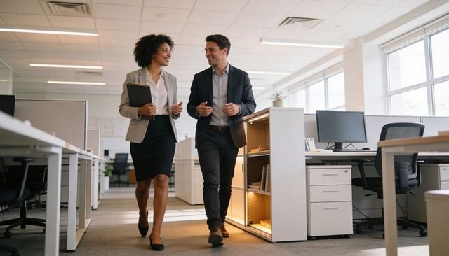 Walking colleagues in modern open-plan office discussing project while holding tablet