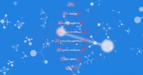Spinning dna strand with molecular structures on blue background