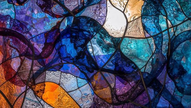 Vibrant abstract stained glass with multicolored panels