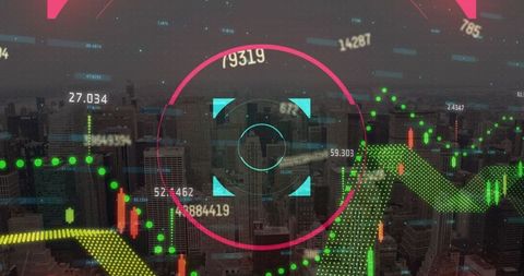 Futuristic Data Visualization Over Cityscape with Financial Charts