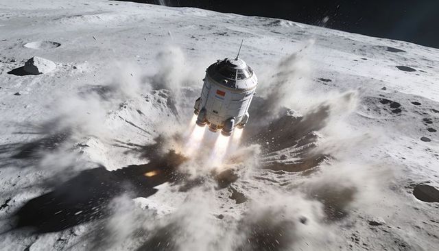 Descent Module Lowering Over Lunar Crater Blasting Regolith Dust with Thruster Plumes