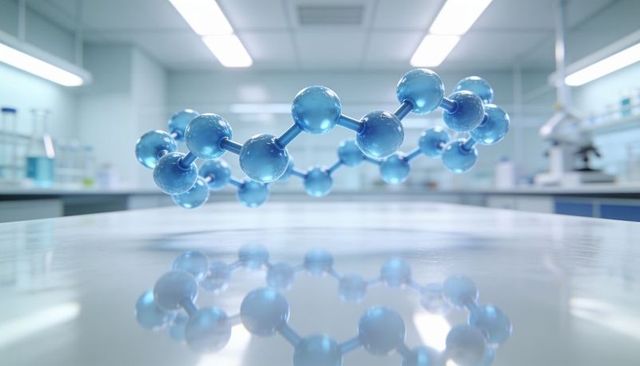 Blue molecular model floating above glossy lab bench with reflective surface