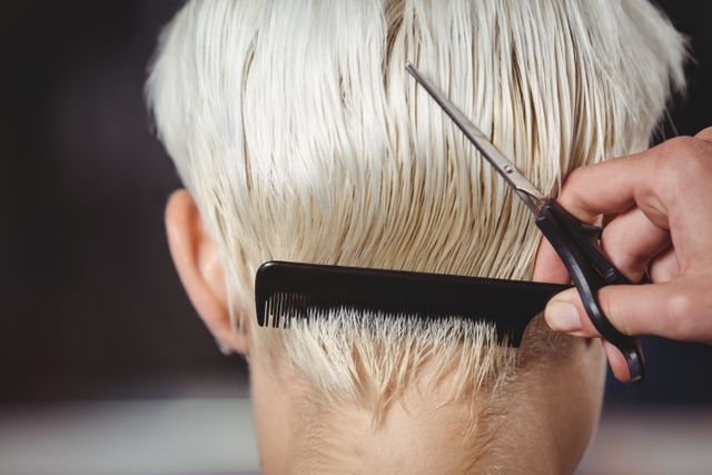 Short blonde hair being trimmed by a professional hair stylist at a salon. Perfect for themes related to personal grooming, beauty treatments, barber services, and hairstyling tutorials.