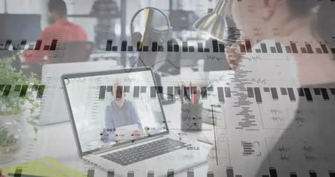 Remote Team Meeting with Financial Data Visualization Overlay