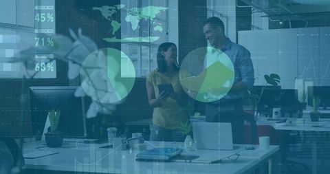 Coworkers Analyzing Reports with Floating Data Graphics in Modern Office