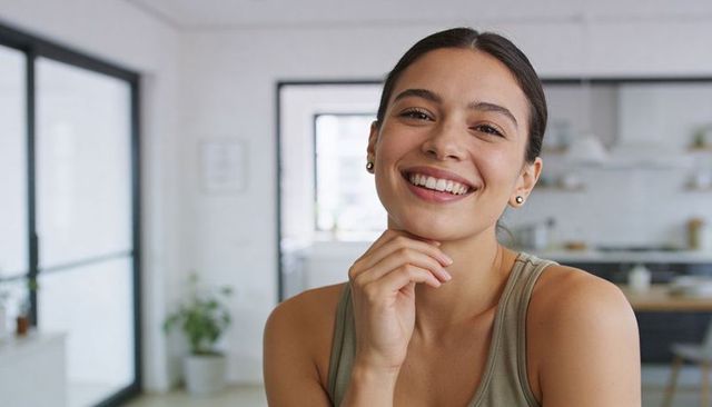 Sunlit smiling young woman in olive tank top leaning forward in modern apartment kitchen