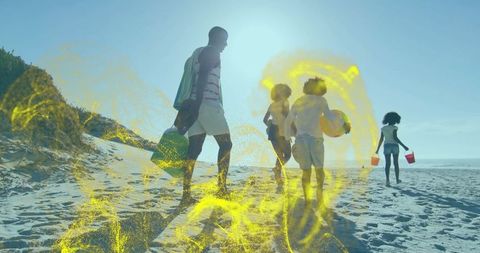 Family enjoying beach day with overlapping digital swirl effects