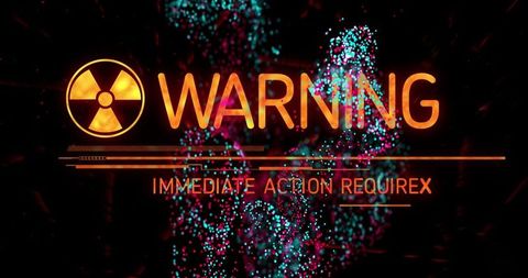 Futuristic warning interface with radiation symbol and neon particles