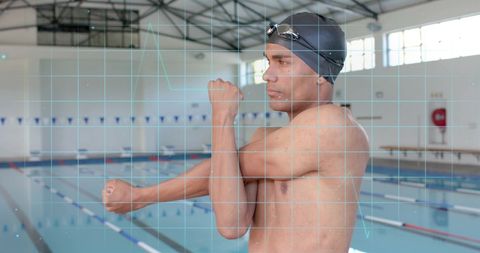 Male Swimmer Warming Up with Tech Interface at Indoor Pool - Download Free Stock Images Pikwizard.com