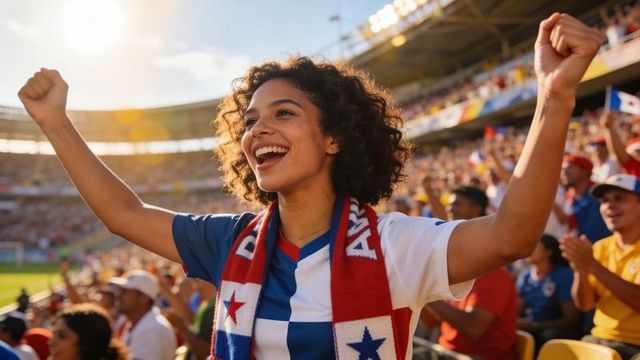 Young female fan cheering at soccer stadium raising arms wearing star scarf and jersey