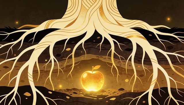 Glowing golden apple nestling beneath expansive tree roots illuminating underground