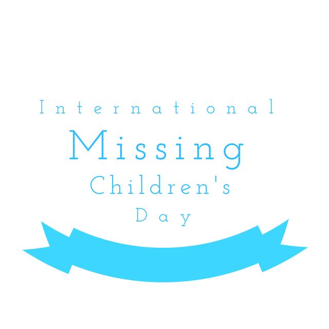 International Missing Children's Day text illustrated with blue ribbon on white background. Suitable for awareness campaigns, social media posts, educational materials, and child safety promotions.