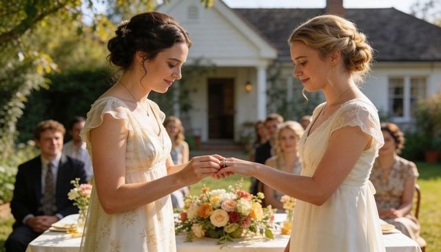 Two brides exchanging rings in intimate garden wedding with lace dresses