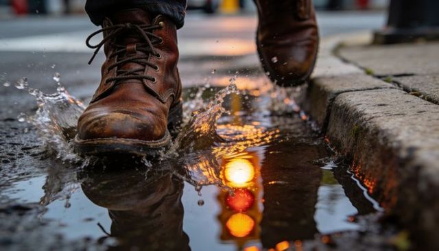 Scuffed leather boots splashing through urban puddle with warm traffic light reflections