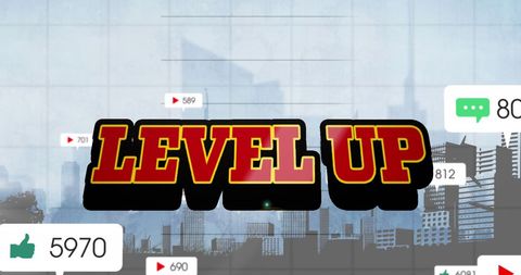 Level Up Message Floating Above Abstract Cityscape - Download Free Stock Images Pikwizard.com