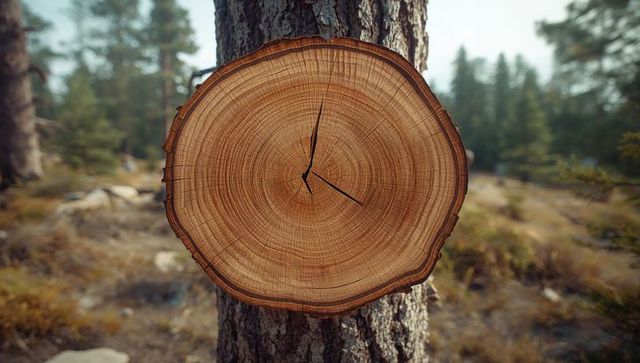 Tree trunk slice revealing growth rings in forest environment