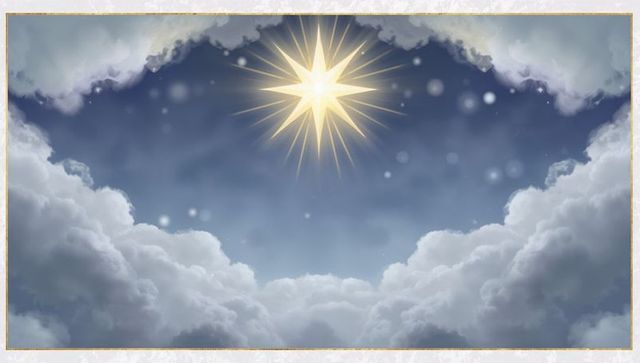 Golden Radiant Star Above Dreamlike Cloudscape with Ornate Gold Trim and Bokeh