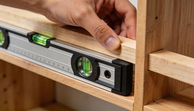 Hand aligning wooden shelf with spirit level for precision carpentry and diy installation