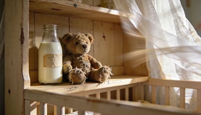 Worn teddy bear leaning on distressed crib shelf with vintage milk bottle, sunlit nursery