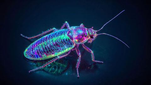 Neon-Glowing Cockroach Macro in Futuristic Lab Setting