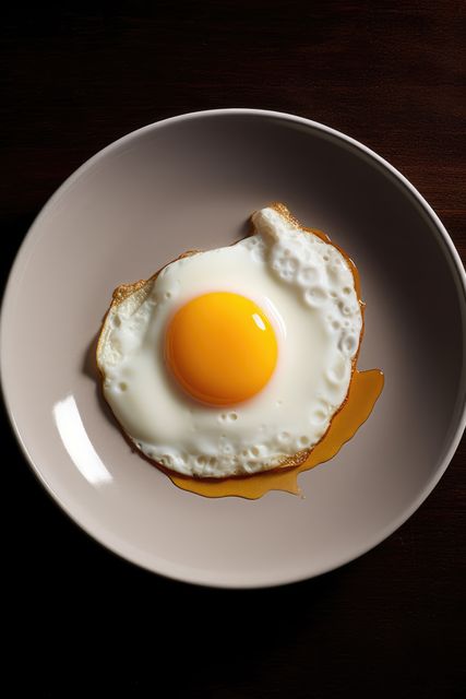 A perfectly fried egg sits in a bowl, ready to eat. Captured from above, the egg's vibrant yolk stands out against the white plate and dark background.