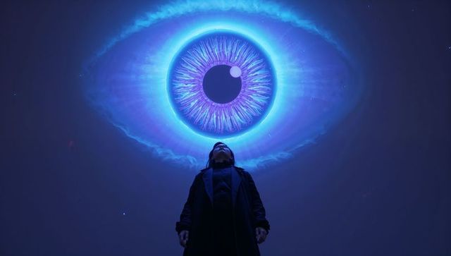 Solitary figure standing beneath luminous cosmic eye projection in dark immersive gallery