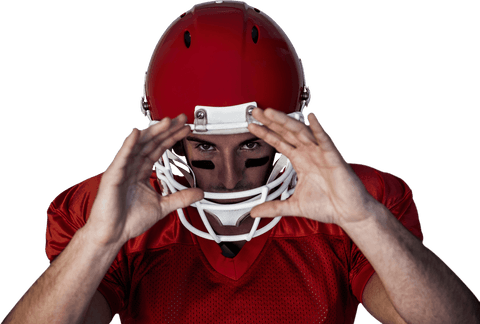 Rugby player in red helmet with transparent background
