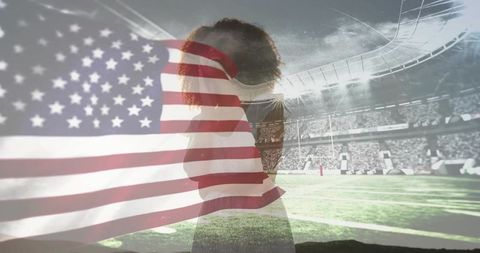 Silhouette woman with American flag overlay in illuminated stadium patriotic tribute