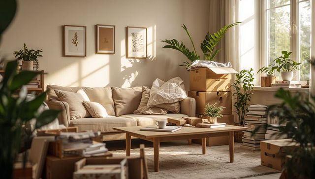 Sunlit minimalist living room with beige sofa, moving boxes, coffee table and plants