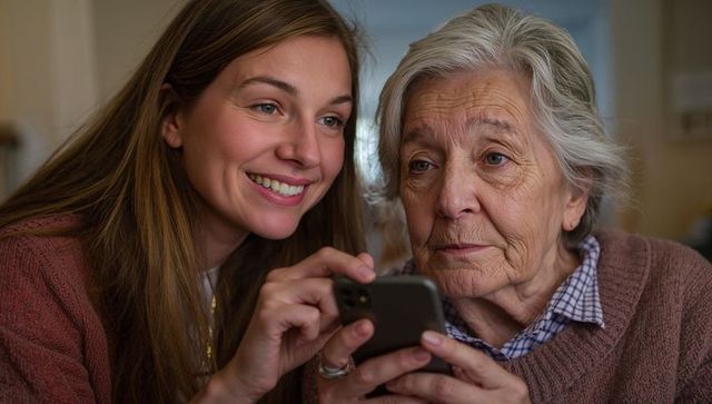 Granddaughter helping grandmother use smartphone while smiling, multigenerational care