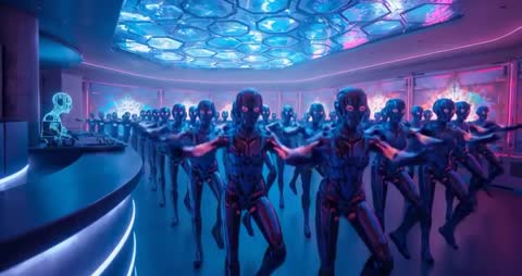 Robotic Dance Performance in Neon Futuristic Chamber