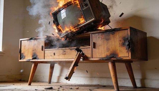 Burning vintage crt television launching off midcentury console with charred drawers