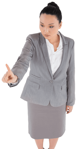Asian Businesswoman Pointing Finger in Gray Suit Transparent Background