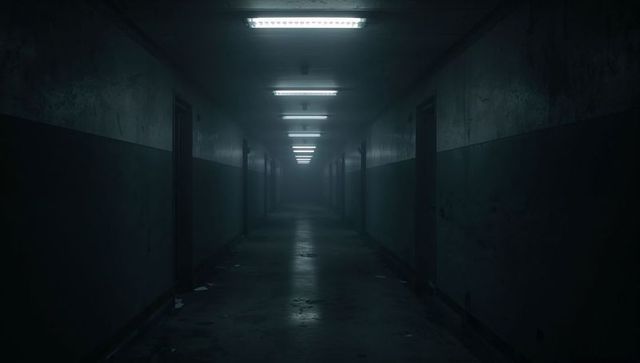 Eerie Abandoned Corridor Stretching Under Fluorescent Lights, Hazy Industrial Decay