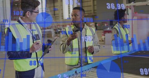 Warehouse logistics team scanning and analyzing conveyor data with digital dashboards