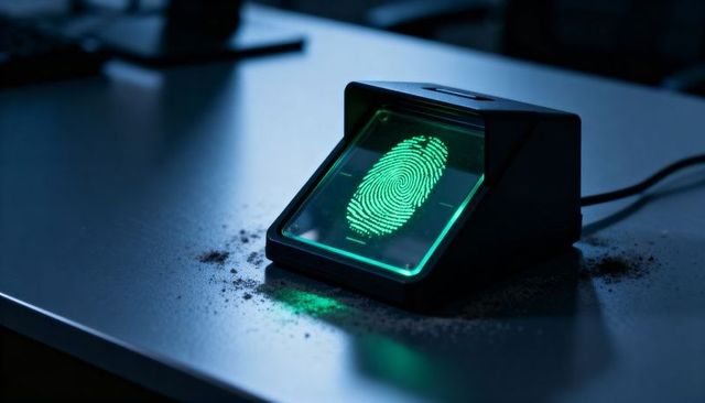 Fingerprint scanner emitting green glow on desk for biometric forensics and security access control