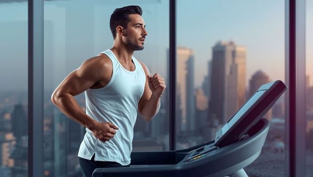 Fit Man Running Treadmill in Modern Gym with City View