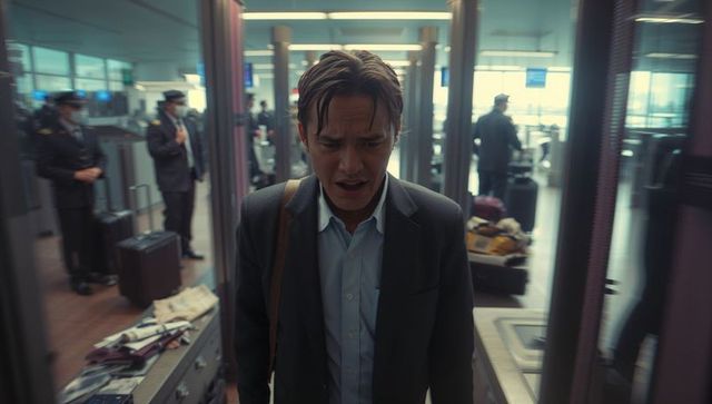 Business traveler passing airport security checkpoint