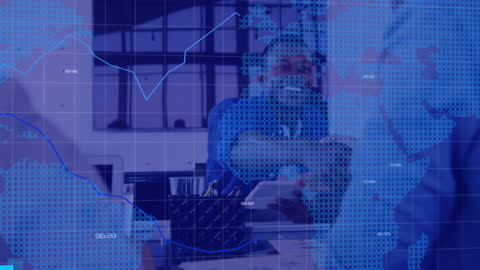 Animated Global Data Overlaid on Business Team Discussion