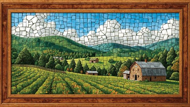 Framed mosaic depicting pastoral valley with barn, rolling green hills and tiled fields