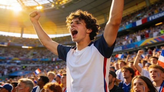 Young man cheering passionately in stadium with french fans during soccer match