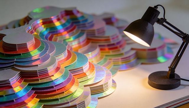 Stacked Holographic Paper Discs Glittering and Shimmering Under Desk Lamp Light