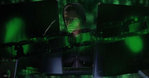 Hacker Analyzing Digital Data with Virtual Blockchain - Download Free Stock Images Pikwizard.com