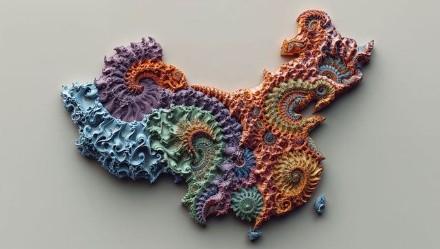 Abstract fractal map of china with vibrant spiral patterns